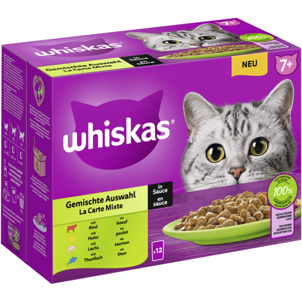 WHISKAS® Portionsbeutel Multipack 7+ Gemischte Auswahl in Sauce 12 x 85g, Alleinfuttermittel für ältere Katzen - Tiernahrung.