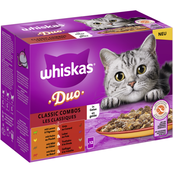 WHISKAS® DUO Portionsbeutel Multipack Classic Combos in Gelee 12 x 85g, Alleinfuttermittel für ausgewachsene Katzen - Tiernahrung.