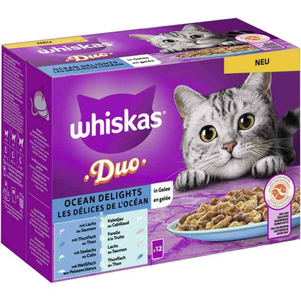 WHISKAS® DUO Portionsbeutel Multipack Ocean Delights in Gelee 12 x 85g, Alleinfuttermittel für ausgewachsene Katzen - Tiernahrung.