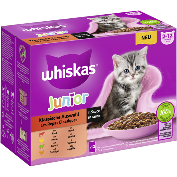 WHISKAS® Portionsbeutel Multipack Junior Klassische Auswahl in Sauce 12 x 85g, Alleinfuttermittel für heranwachsende Katzen - Tiernahrung.