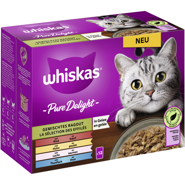 WHISKAS® PURE DELIGHT Portionsbeutel Multipack Gemischtes Ragout in Gelee 12 x 85g, Alleinfuttermittel für ausgewachsene Katzen - Tiernahrung.