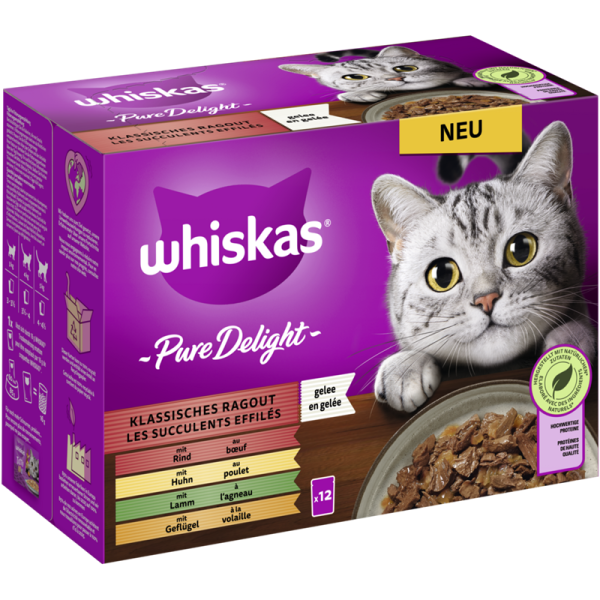 WHISKAS® PURE DELIGHT Portionsbeutel Multipack Klassisches Ragout in Gelee 12 x 85g, Alleinfuttermittel für ausgewachsene Katzen - Tiernahrung.