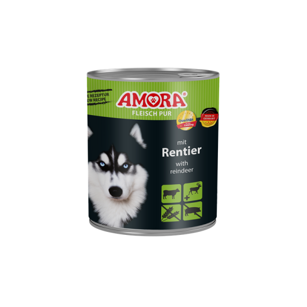 AMORA Fleisch Pur mit Rentier 800g, Alleinfuttermittel für ausgewachsene Hunde