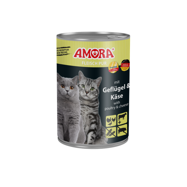 AMORA Fleisch Pur mit Geflügel+Käse 400g, Alleinfuttermittel für ausgewachsene Katzen