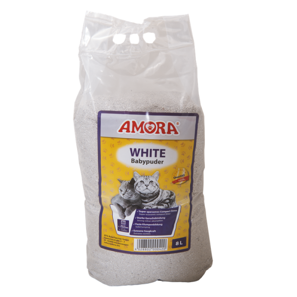 AMORA Katzenstreu White Compact mit Babypuder 8 Liter, Das weisse ultra extreme Streu mit starker Saugkraft und sehr guter Geruchsbindung mit Babypuderduft