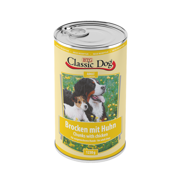 Classic Dog Dose Brocken mit Huhn 1230g, Nassfutter für ausgewachsene Hunde