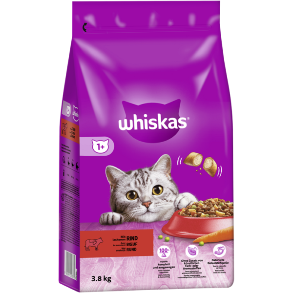 WHISKAS® Beutel 1+ mit Rind 3,8kg, Alleinfuttermittel für ausgewachsene Katzen - Tiernahrung.