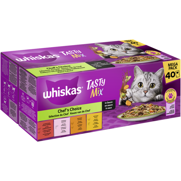 WHISKAS® TASTY MIX Portionsbeutel Multipack Mega Pack Chefs Choice in Sauce 40 x 85g, Alleinfuttermittel für ausgewachsene Katzen - Tiernahrung.