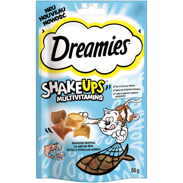 Dreamies Cat Snack Shake ups Multivitamin Seafood 55g, Ergänzungsfuttermittel für ausgewachsene und heranwachsende Katzen von 2 kg und mehr