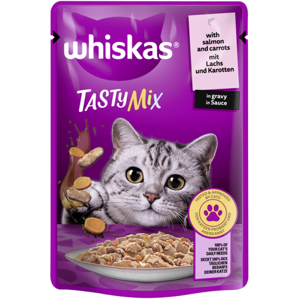 WHISKAS® TASTY MIX Portionsbeutel mit Lachs und Karotten in Sauce 85g, Alleinfuttermittel für ausgewachsene Katzen - Tiernahrung.