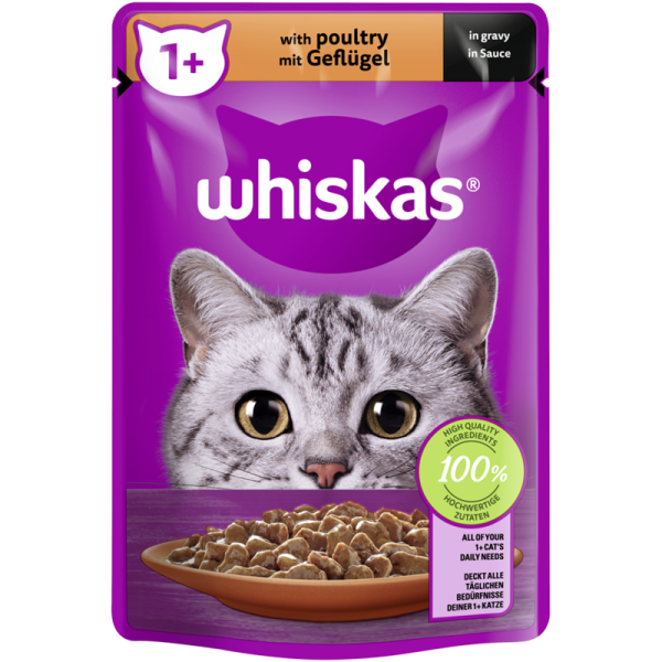 WHISKAS® Portionsbeutel 1+ mit Geflügel in Sauce 85g, Alleinfuttermittel für ausgewachsene Katzen - Tiernahrung.