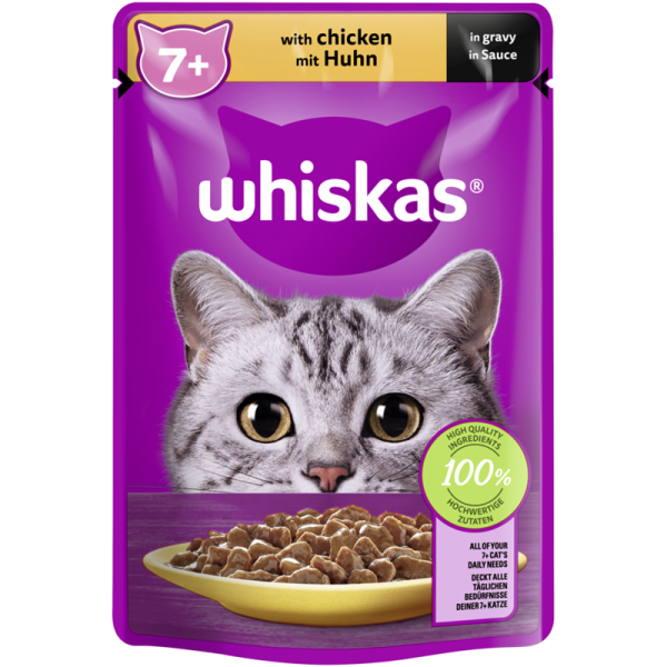 WHISKAS® Portionsbeutel 7+ mit Huhn in Sauce 85g, Alleinfuttermittel für ältere Katzen - Tiernahrung.