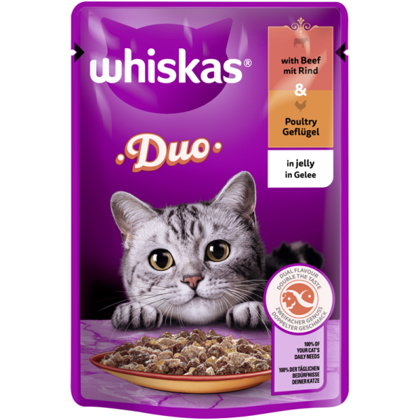 WHISKAS® DUO Portionsbeutel mit Rind & Geflügel in Gelee 85g, Alleinfuttermittel für ausgewachsene Katzen - Tiernahrung.