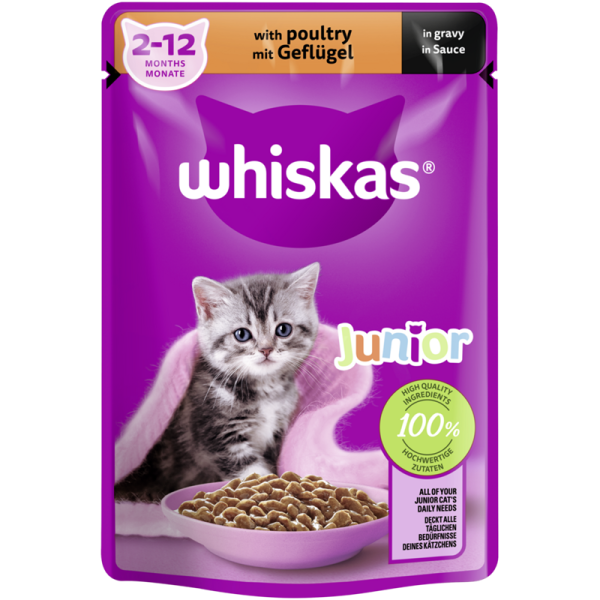 WHISKAS® Portionsbeutel Junior mit Geflügel in Sauce 85g, Alleinfuttermittel für heranwachsende Katzen - Tiernahrung.