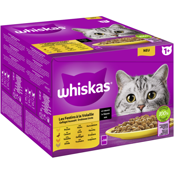 WHISKAS® Portionsbeutel Multipack Vorratspack 1+ Geflügel Auswahl in Sauce 24 x 85g, Alleinfuttermittel für ausgewachsene Katzen - Tiernahrung.