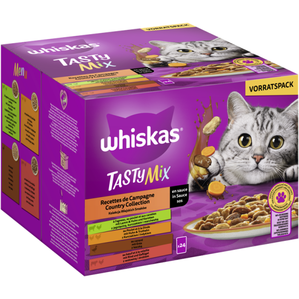 WHISKAS® TASTY MIX Portionsbeutel Multipack Country Collection in Sauce 24 x 85g, Alleinfuttermittel für ausgewachsene Katzen - Tiernahrung.