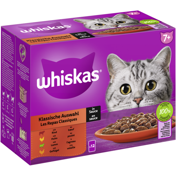 Whiskas Portionsbeutel Multipack 7+ Klassische Auswahl in Sauce 12x85g, Alleinfuttermittel für ältere Katzen - Tiernahrung.