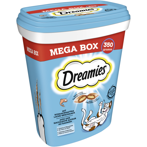 Dreamies Cat Snack mit Lachs 350g Mega Box, Ergänzungsfuttermittel für erwachsene Katzen und heranwachsende Katzen über 8 Wochen - Tiernahrung.