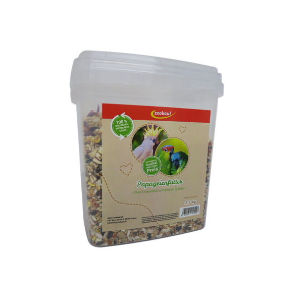 zookauf Vogel Futter Premium für Papageien im Eimer 2,5 kg, Papageienfutter Premium zur Verwendung als Hauptfutter.