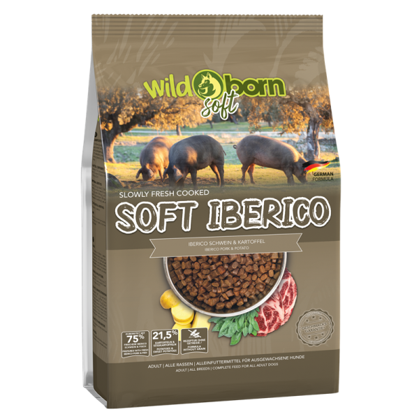 Wildborn SOFT IBERICO 1 kg, Alleinfuttermittel für ausgewachsene Hunde mit Iberico Schweinefleisch, Kartoffel & Süßkartoffel