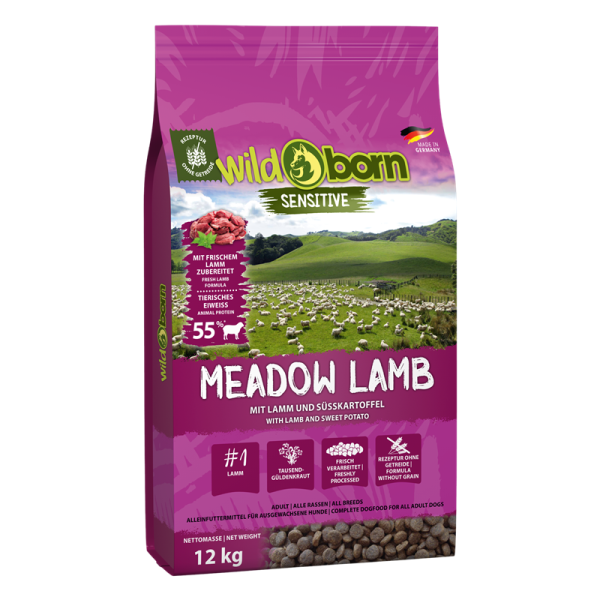 Wildborn Meadow Lamb 12,5 kg, Alleinfutter für ausgewachsene Hunde mit Lamm und Süßkartoffel
