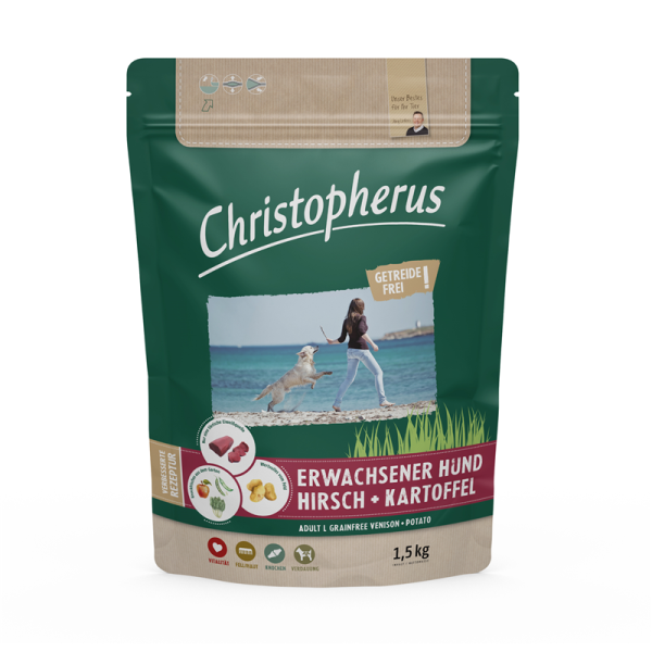 Christopherus Getreidefrei Hirsch&Kartoffel 1,5kg, Trockennahrung für ausgewachsene Hunde mit besonderen Ernährungsansprüchen und einer normalen Aktivität.