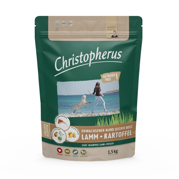 Christopherus Erwachsener Hund  Getreidefrei Leichte Kost Lamm & Kartoffel 1,5kg, Alleinfuttermittel für ausgewachsene Hunde kleiner bis großer Rassen