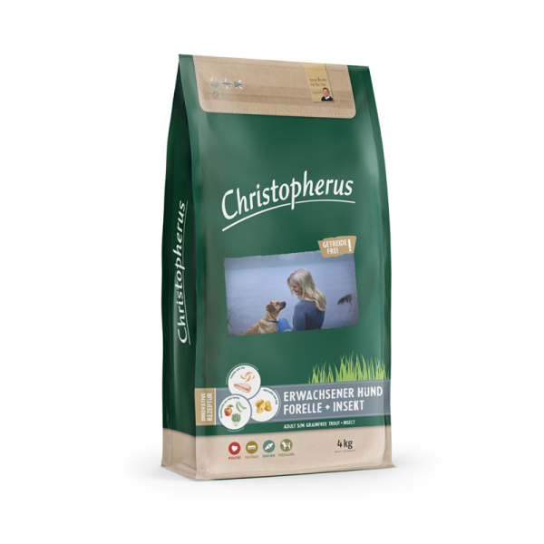 Christopherus Getreidefrei Forelle & Insekt 4kg, Alleinfuttermittel für ausgewachsene Hunde kleiner bis großer Rassen.
