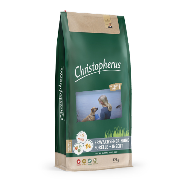 Christopherus Getreidefrei Forelle & Insekt, Alleinfuttermittel für ausgewachsene Hunde kleiner bis großer Rassen.