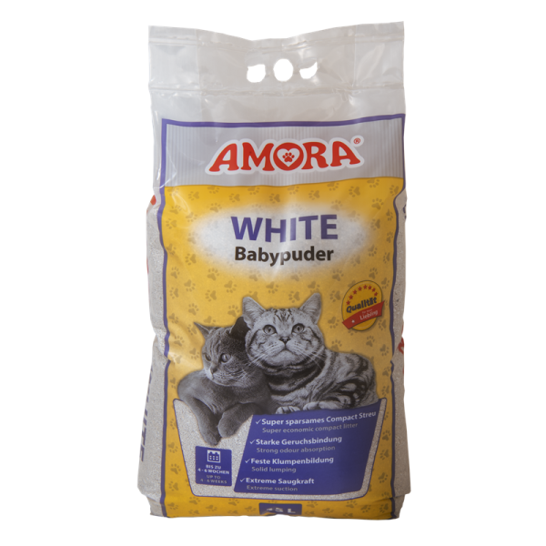AMORA Katzenstreu White Compact mit Babypuder 15 Liter, Das weisse ultra extreme Streu mit starker Saugkraft und sehr guter Geruchsbindung mit Babypuderduft