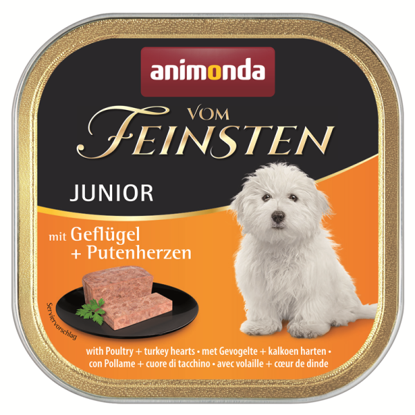 Animonda Dog Vom Feinsten Junior Geflügel & Putenherz 150g, Alleinfuttermittel für wachsende Hunde