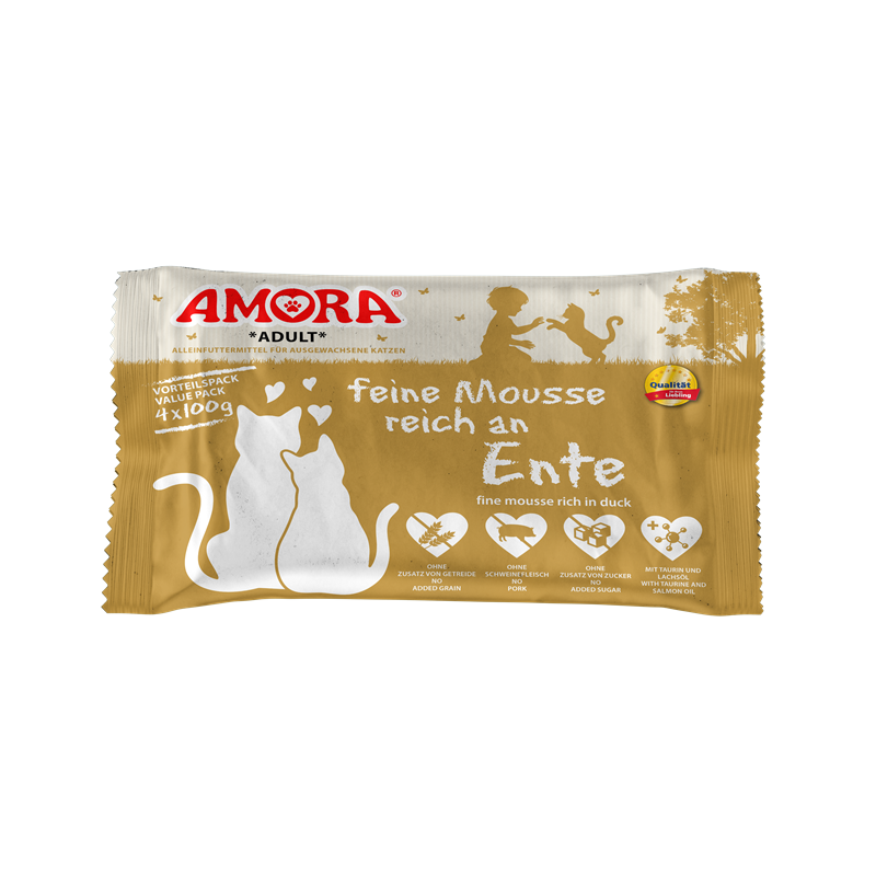 AMORA Cat Pouchbeutel Flowpack feine Mousse reich an Ente 4x100g