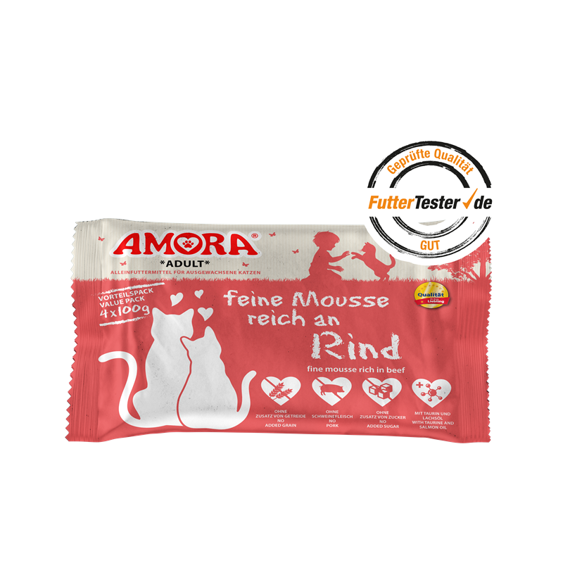 AMORA Cat Pouchbeutel Flowpack feine Mousse reich an Rind 4x100g