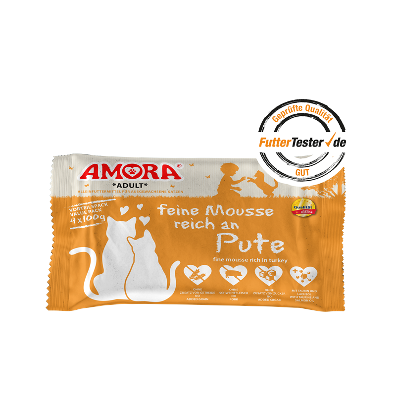 AMORA Cat Pouchbeutel Flowpack feine Mousse reich an Pute 4x100g