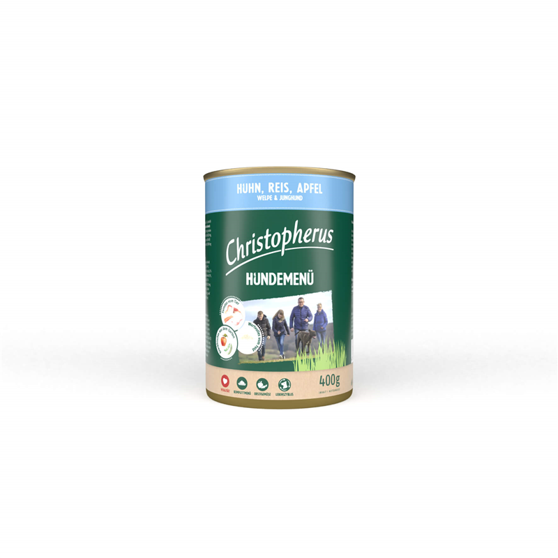 Christopherus Hundemenü -Junior - mit Huhn, Reis, Apfel 400g-Dose