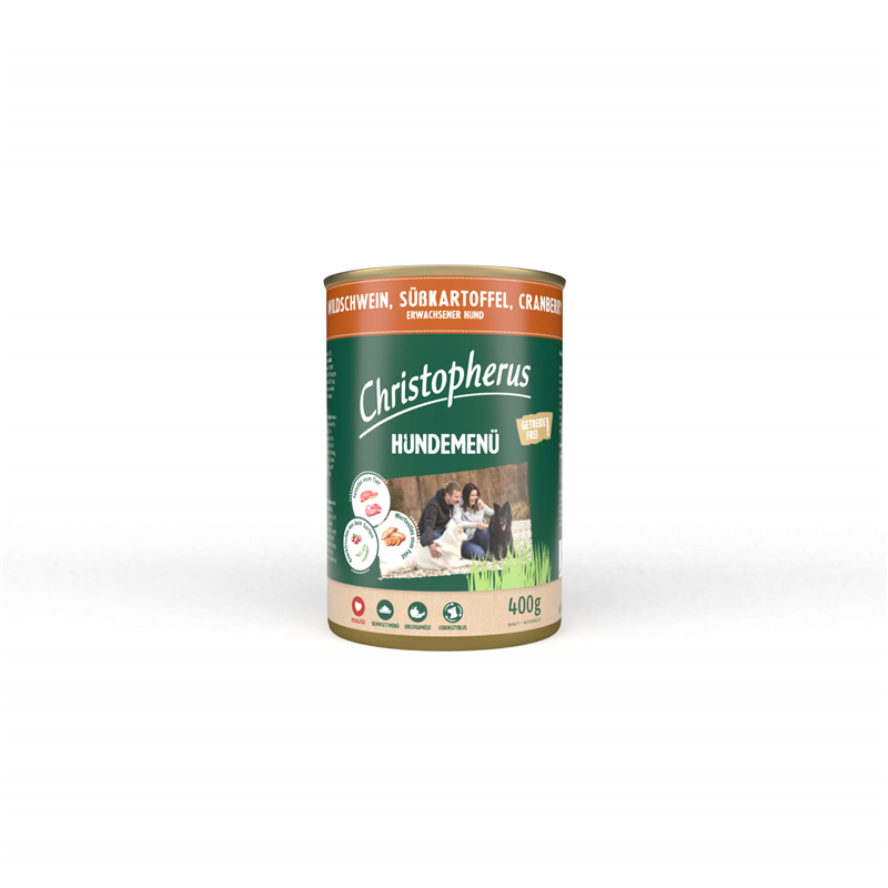 Christopherus Hundemenü -Adult - mit Wildschwein, Süßkartoffel, Cranberry 400g-Dose
