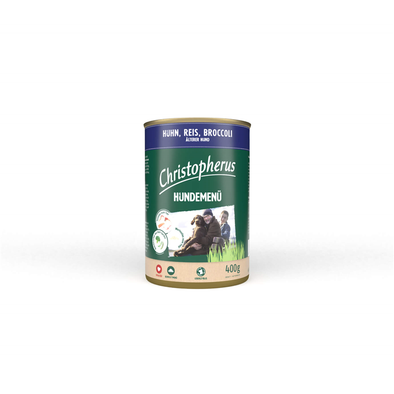 Christopherus Hundemenü -Senior - mit Huhn, Reis, Broccoli 400g-Dose