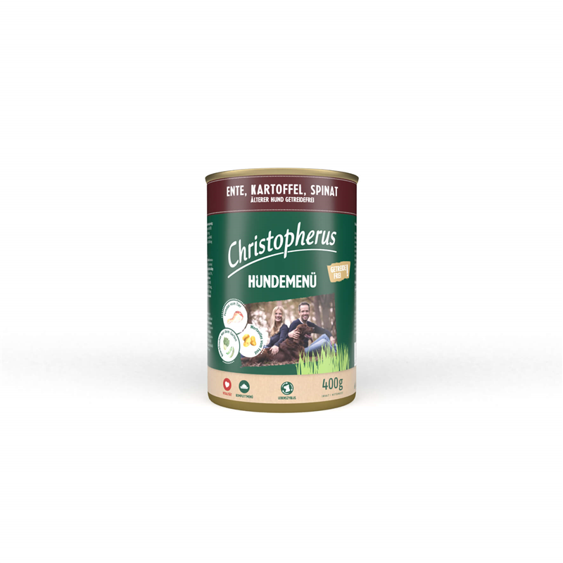 Christopherus Hundemenü -Senior - mit Ente, Kartoffel, Spinat 400g-Dose