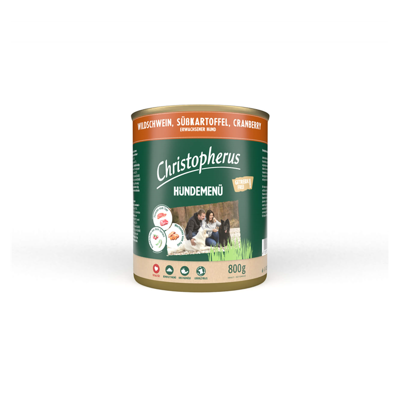 Christopherus Hundemenü -Adult - mit Wildschwein, Süßkartoffel, Cranberry 800g-Dose