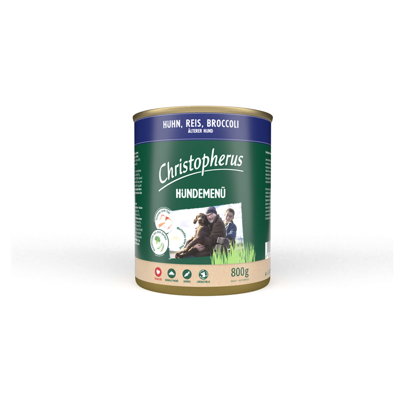 Christopherus Hundemenü -Senior - mit Huhn, Reis, Broccoli 800g-Dose