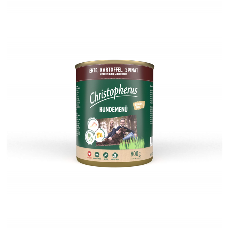 Christopherus Hundemenü -Senior - mit Ente, Kartoffel, Spinat 800g-Dose