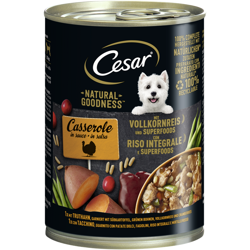 Cesar NATURAL GOODNESST Dose Casserole in Sauce mit Truthahn, mit Vollkornreis und Superfoods 400g