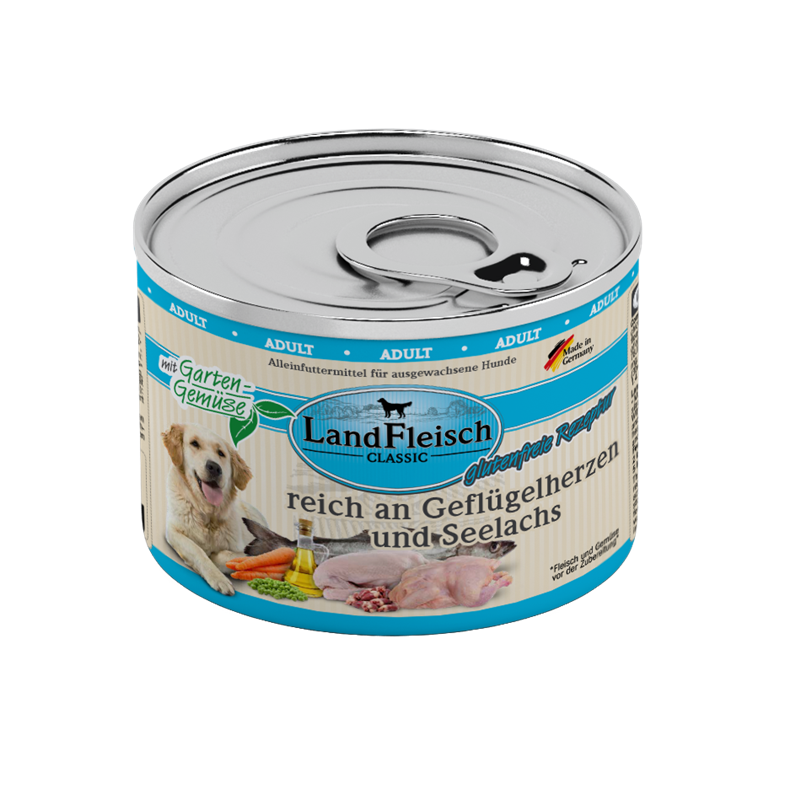 LandFleisch Dog Classic reich an Geflügelherzen und Seelachs mit Gartengemüse 195g
