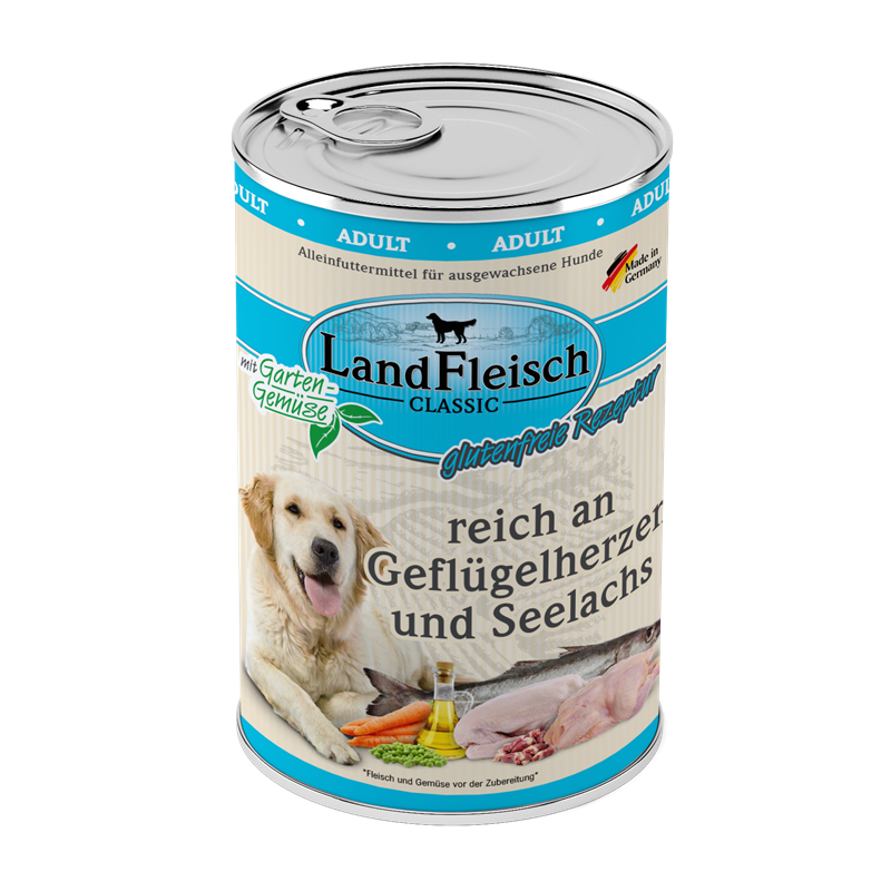 LandFleisch Dog Classic reich an Geflügelherzen und Seelachs mit Gartengemüse 400g