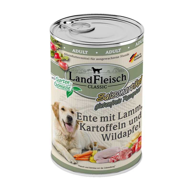 LandFleisch Dog Classic Ente mit Lamm, Kartoffeln und Wildapfel mit Gartengemüse 400g