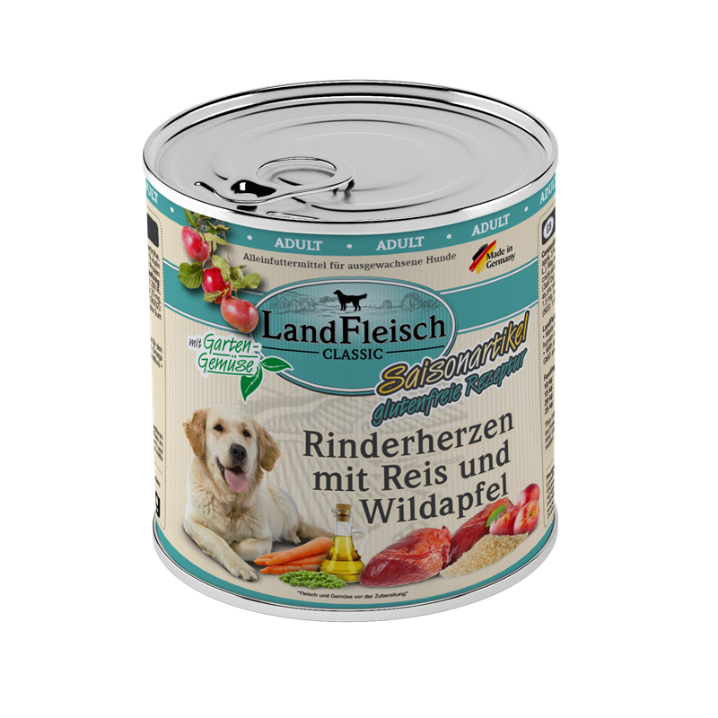 LandFleisch Dog Classic Rinderherzen mit Reis, Wildapfel mit Gartengemüse 800g