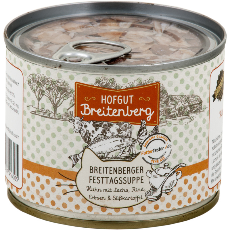 Hofgut Breitenberg Cat Breitenberger Festtagssuppe Huhn mit Lachs, Rind, Erbsen und Süßkart. 180g