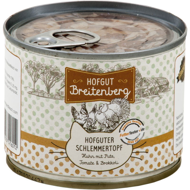Hofgut Breitenberg Cat Hofguter Schlemmertopf Huhn mit Pute, Tomate & Brokkoli 180g