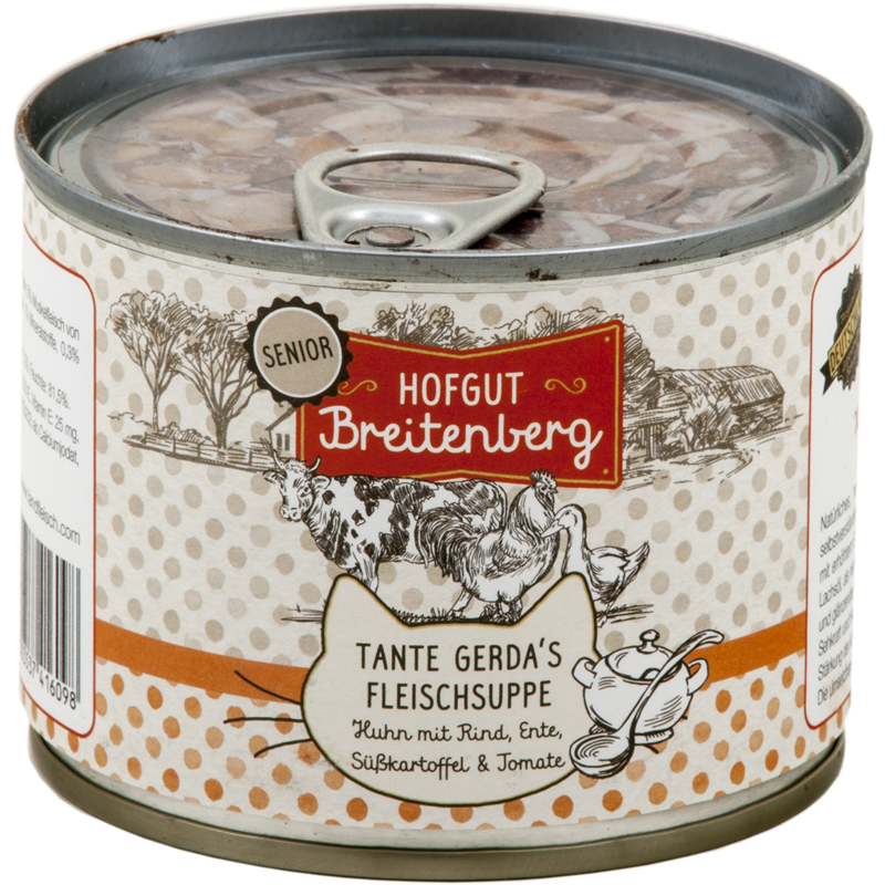 Hofgut Breitenberg Cat Senior Tante Gerdas Fleischsuppe Huhn mit Rind, Ente, Kartoffeln, Tom. 180g