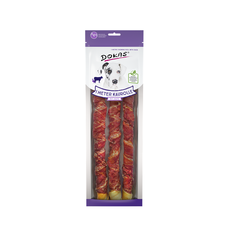 Dokas Hunde Snack 1 m Kaurolle aus Rinderhaut mit Ente 315g